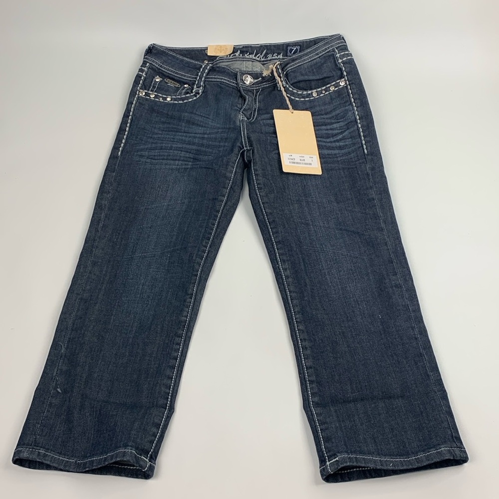 LA IDOL USA Denim Jean Capri Crop Jeans Size 7 Stretch Rhinestone Bling NEW